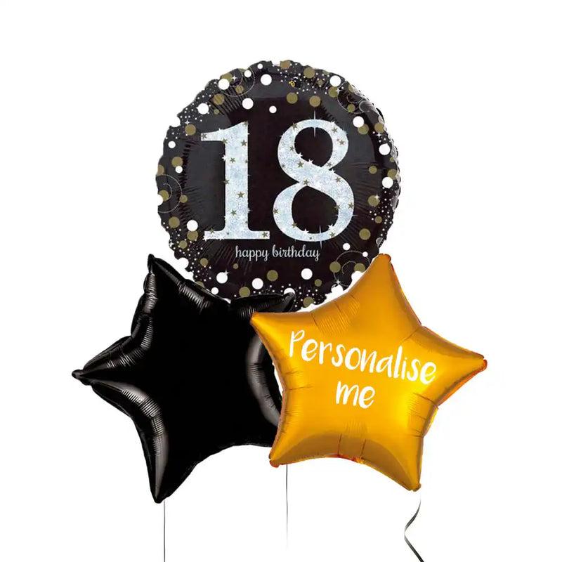 Personalised Inflated Balloon Bunch - Black & Gold Sparkle 18th Birthday Personalised Balloons