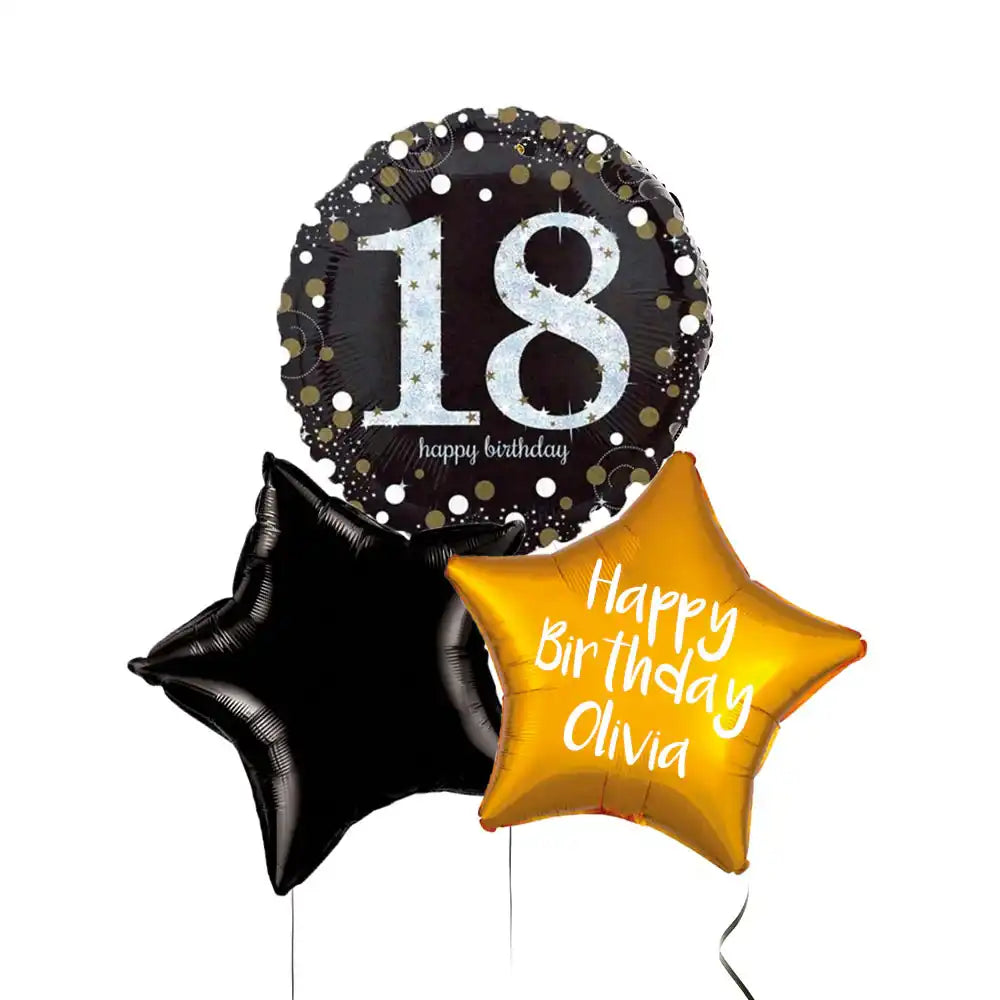 Personalised Inflated Balloon Bunch - Black & Gold Sparkle 18th Birthday Personalised Balloons