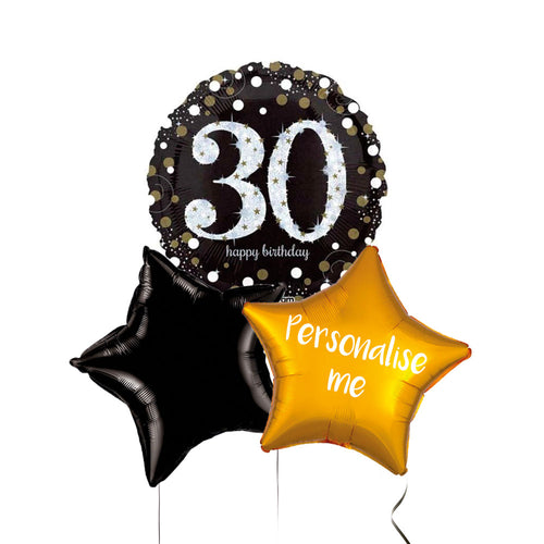 Personalised Inflated Balloon Bunch -  Black & Gold Sparkle 30th Birthday