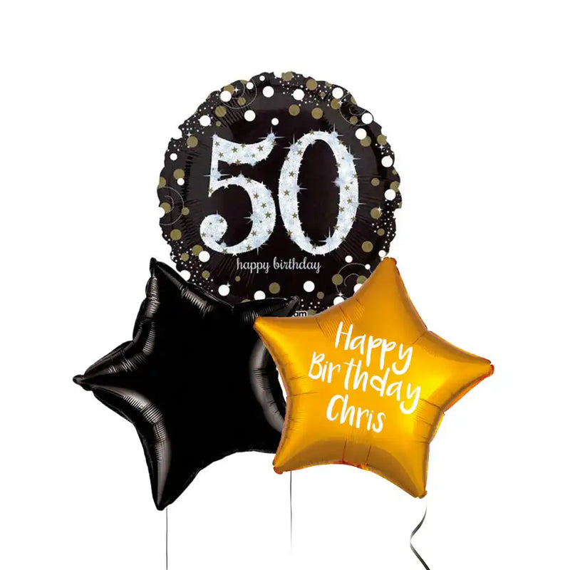 Personalised Inflated Balloon Bunch - Black & Gold Sparkle 50th Birthday Personalised Balloons
