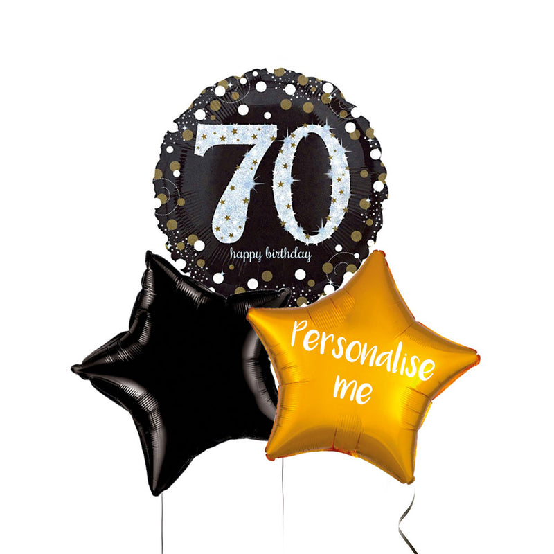 Personalised Inflated Balloon Bunch -  Black & Gold Sparkle 70th Birthday