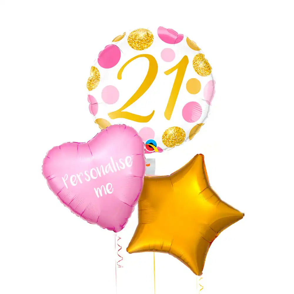 Personalised Inflated Balloon Bunch - Pink & Gold Dots 21st Birthday Personalised Balloons
