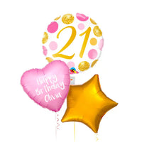 Personalised Inflated Balloon Bunch - Pink & Gold Dots 21st Birthday Personalised Balloons