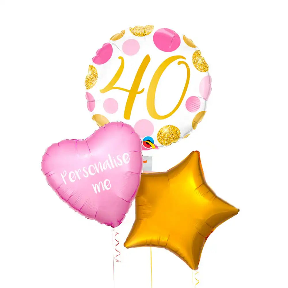 Personalised Inflated Balloon Bunch - Pink & Gold Dots 40th Birthday Personalised Balloons