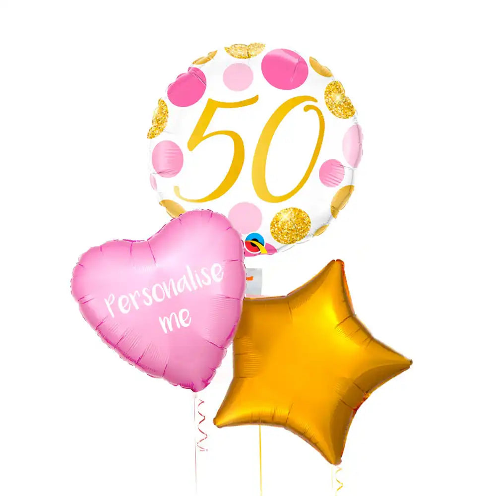 Personalised Inflated Balloon Bunch - Pink & Gold Dots 50th Birthday Personalised Balloons