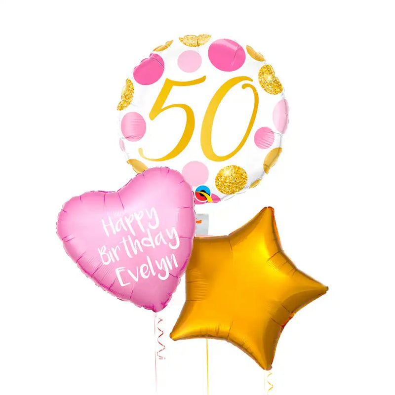 Personalised Inflated Balloon Bunch - Pink & Gold Dots 50th Birthday Personalised Balloons