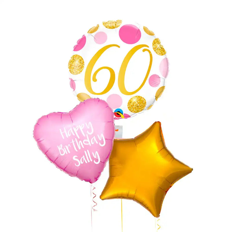 Personalised Inflated Balloon Bunch - Pink & Gold Dots 60th Birthday Personalised Balloons