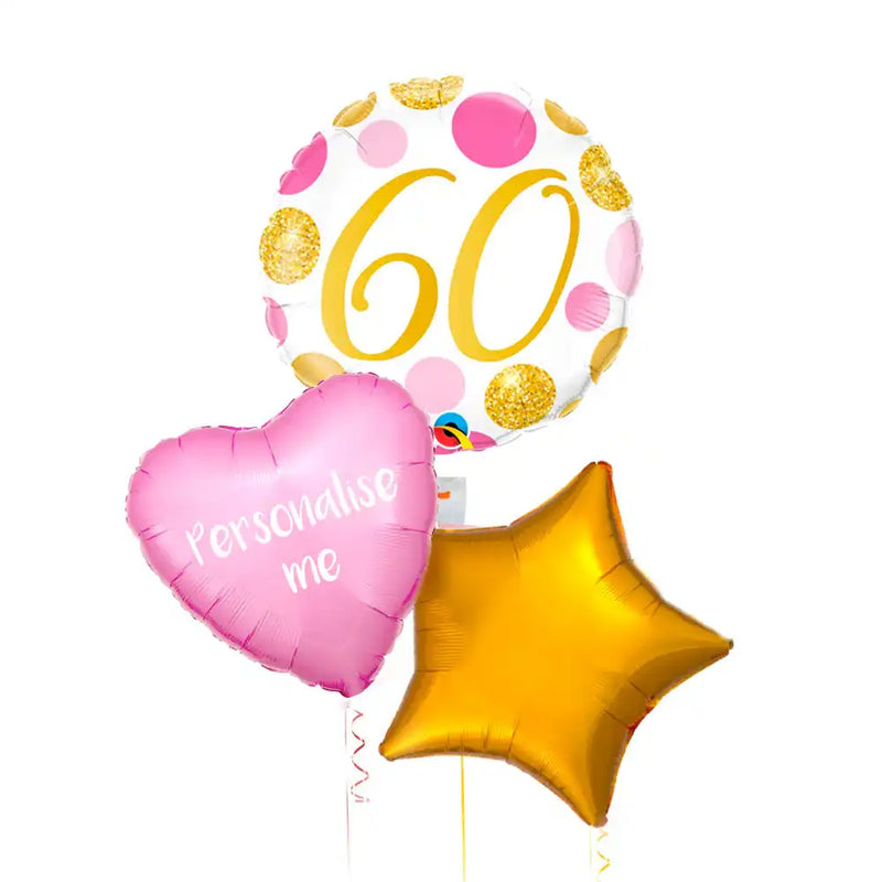 Personalised Inflated Balloon Bunch - Pink & Gold Dots 60th Birthday Personalised Balloons