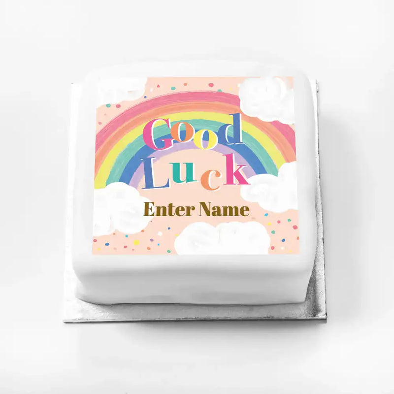 Personalised Slogan Gift Cake – Rainbow Pink Good Luck With Name Personalised Cake