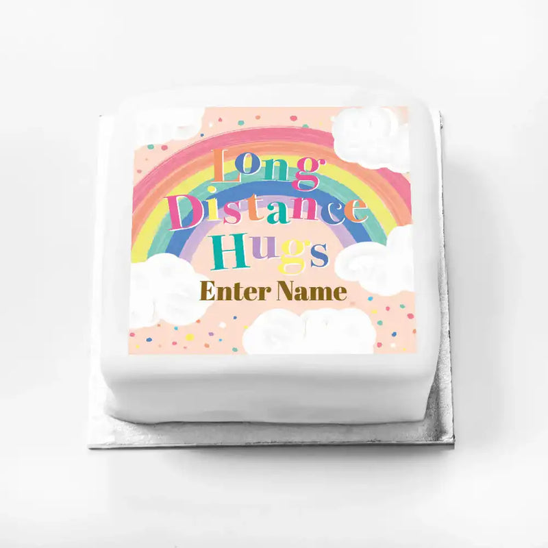 Personalised Slogan Gift Cake – Rainbow Pink Long Distance Hugs With Name Personalised Cake