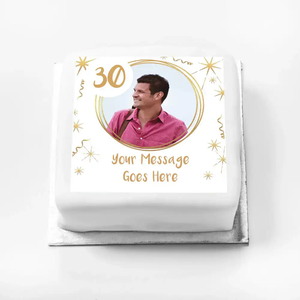 Personalised Photo Cake - White & Gold Any Age Birthday Photo and Message Small (up to 6 small portions) Personalised Cake