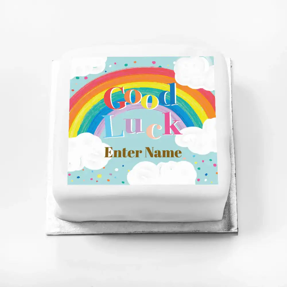 Personalised Slogan Gift Cake – Rainbow Blue Good Luck With Name Personalised Cake