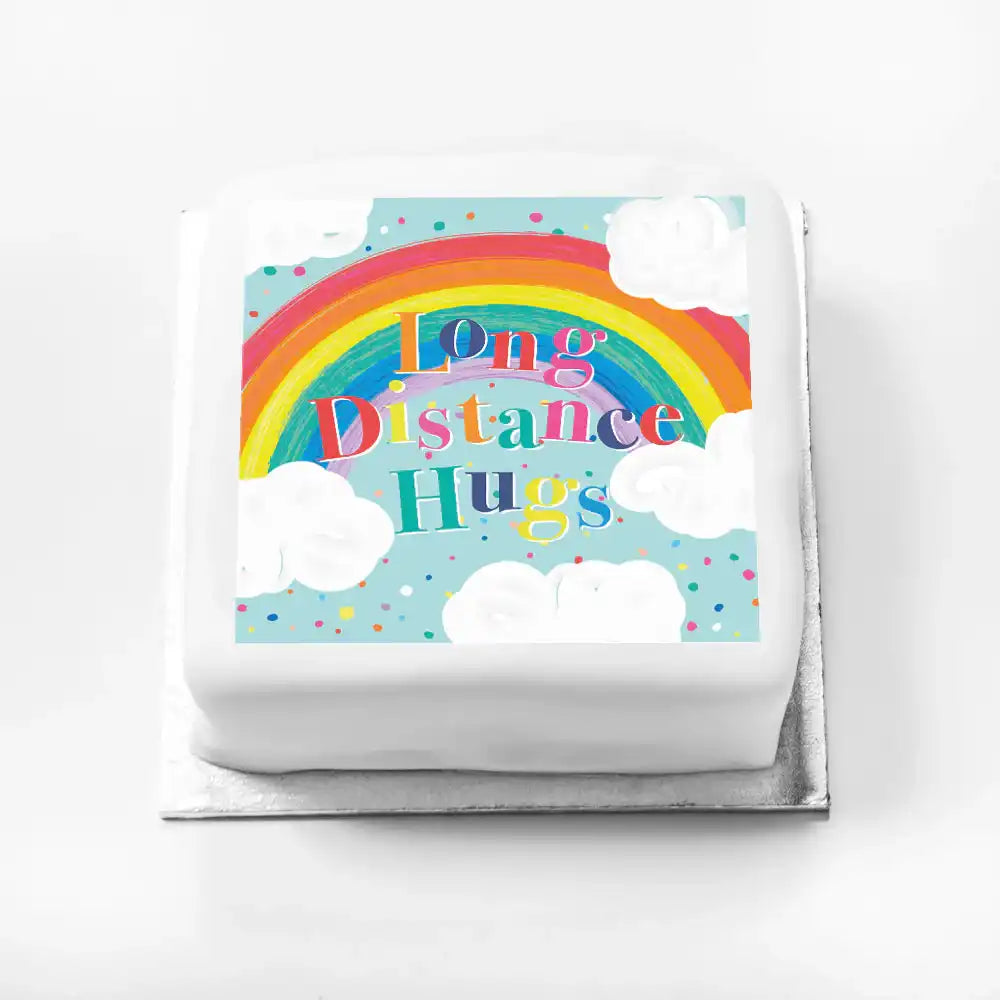 Personalised Slogan Gift Cake – Rainbow Blue Long Distance Hugs Without Name Personalised Cake