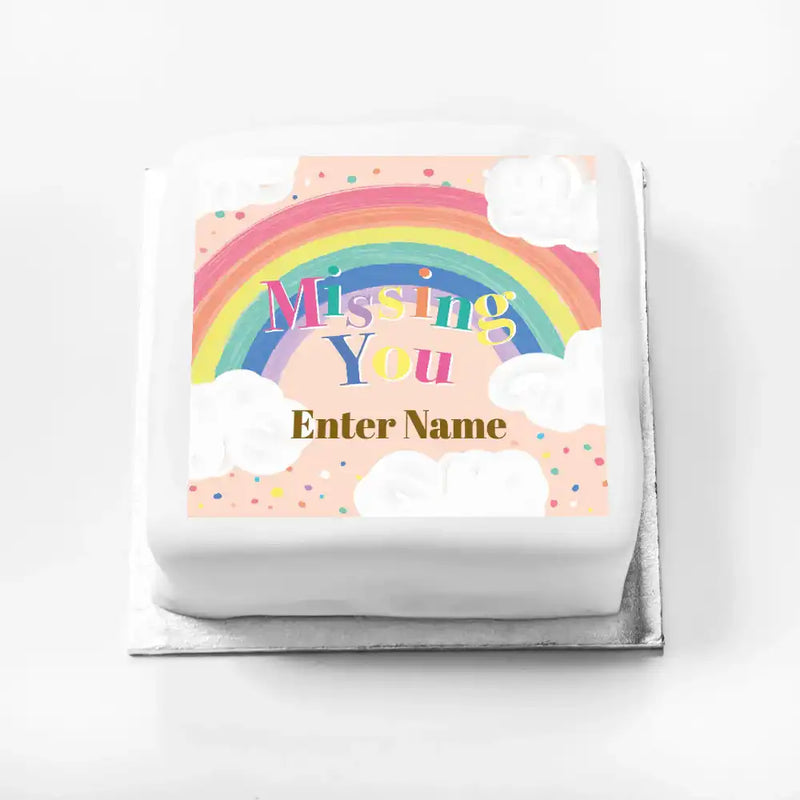 Personalised Slogan Gift Cake – Rainbow Pink Missing You With Name Personalised Cake