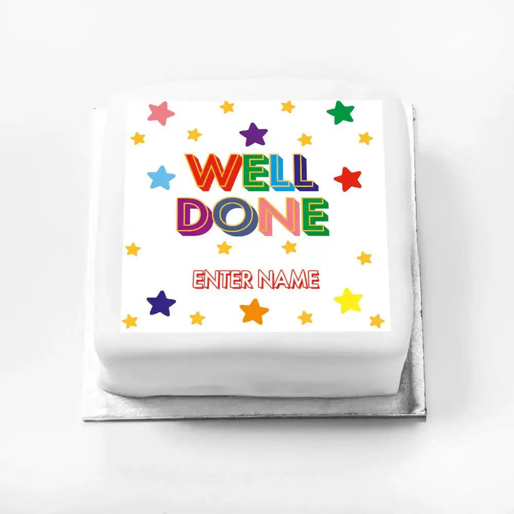 Personalised Slogan Gift Cake – Bright Stars Well Done With Name Personalised Cake